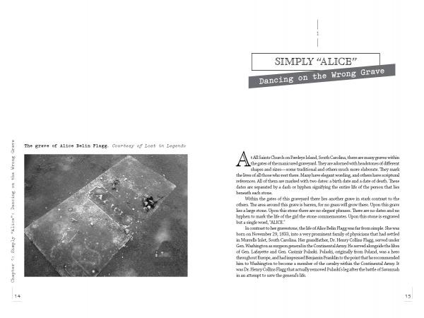 A black and white photo of Alice Belle Flagg’s grave—a legendary South Carolina site—shows a flat tombstone with coins atop it. Opposite is the title Lost in Legend from Schiffer Publishing, Ltd., with text below.
