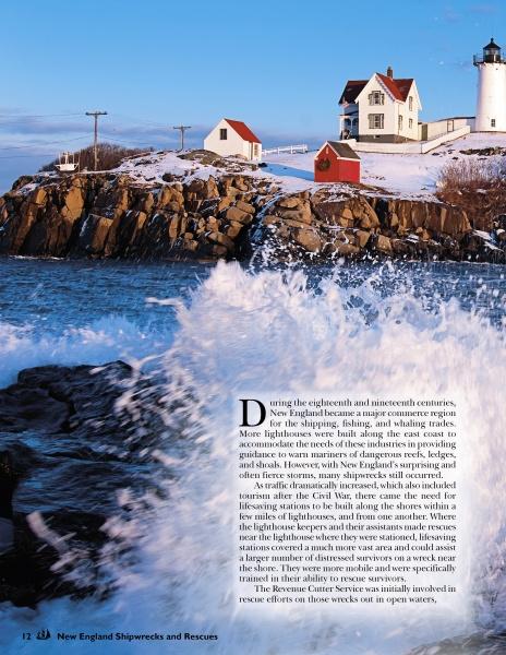A large wave crashes against rocky cliffs below a white lighthouse and red-roofed buildings, capturing the maritime history featured in "New England Lighthouses" by Schiffer Publishing, Ltd., set on a hill beneath a partly cloudy sky.
