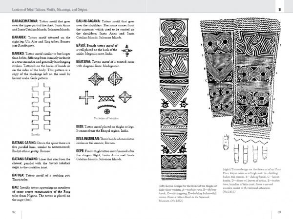 A spread from Lexicon of Tribal Tattoos by Schiffer Publishing, Ltd. shows text on Ifugao tattoo meanings on the left page and black-and-white illustrations of traditional Ifugao geometric motifs on the right.