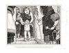 A black-and-white illustration from Neil David's Hopi World by Schiffer Publishing, Ltd. shows a distressed child held by an older woman at a doorway, with two women and a boy in ancient-style cloaks nearby, reflecting Hopi culture.