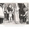A black-and-white illustration from Neil David's Hopi World by Schiffer Publishing, Ltd. shows a distressed child held by an older woman at a doorway, with two women and a boy in ancient-style cloaks nearby, reflecting Hopi culture.