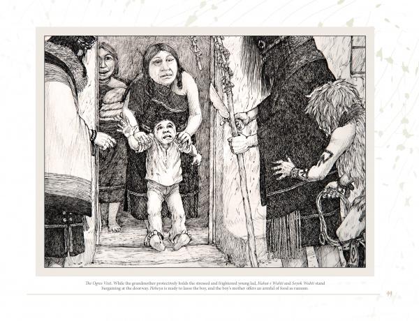 A black-and-white illustration from Neil David's Hopi World by Schiffer Publishing, Ltd. shows a distressed child held by an older woman at a doorway, with two women and a boy in ancient-style cloaks nearby, reflecting Hopi culture.