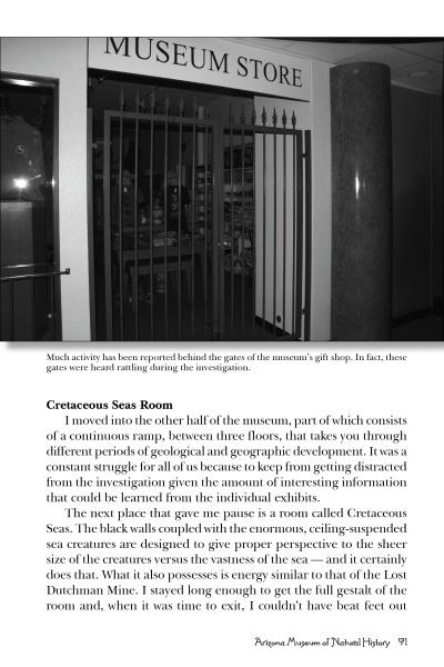 A black-and-white photo shows closed metal gates at a museum store. A sign reads Museum Store. Nearby text mentions "Finding Ghosts in Phoenix" by Schiffer Publishing, Ltd., exploring rumored hauntings in the Cretaceous Seas Room.