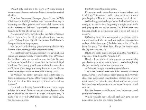 Two pages from "The Kids of Widney Junior High Take Over the World!" by Schiffer Publishing, Ltd. feature dense, two-column, image-free text. The first-person account details life at Whitney Junior High and interactions with classmates, referencing the band Kids of Widney High.