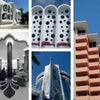 A collage from "The Architecture of Whimsy" by Schiffer Publishing, Ltd. showcases Miami’s midcentury architecture—geometric forms, pastel hues—and includes a contents list, all set beneath a clear blue sky.