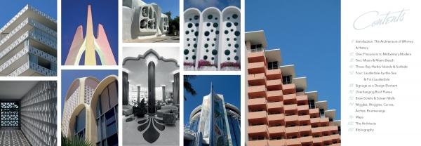 A collage from "The Architecture of Whimsy" by Schiffer Publishing, Ltd. showcases Miami’s midcentury architecture—geometric forms, pastel hues—and includes a contents list, all set beneath a clear blue sky.