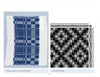Two images: left, a blue and white woven fabric sample; right, its black and white weaving draft. Both from Frances L. Goodrich's Brown Book of Weaving Drafts by Schiffer Publishing, Ltd.