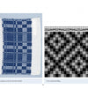 Two images: left, a blue and white woven fabric sample; right, its black and white weaving draft. Both from Frances L. Goodrich's Brown Book of Weaving Drafts by Schiffer Publishing, Ltd.