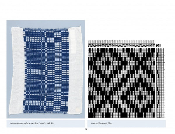 Two images: left, a blue and white woven fabric sample; right, its black and white weaving draft. Both from Frances L. Goodrich's Brown Book of Weaving Drafts by Schiffer Publishing, Ltd.