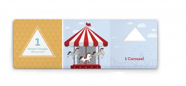 Think Triangles! by Schiffer Publishing, Ltd. features a striped triangle, a carousel with horses, and a cutout reading “1 Carousel!” with a Ferris wheel in the background—ideal for building analytical thinking skills.