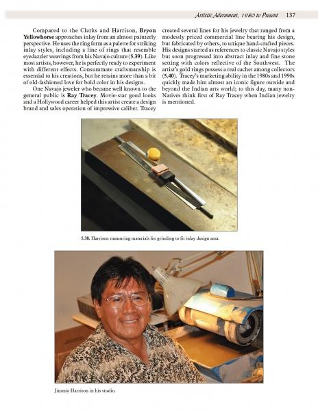 A page from "Southwestern Indian Rings" by Schiffer Publishing, Ltd. shows a close-up of a tool and a man in glasses and a patterned shirt at a workbench, likely crafting rings, with two columns of text on page 137.