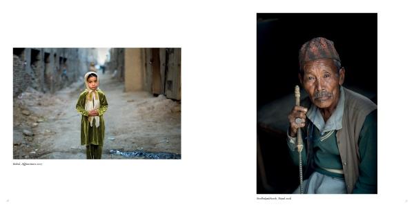 On the left, a child in green stands in an alley; on the right, an older man with a hat holds a pipe indoors—capturing the spirit of human portraits in documentary photography from "Human Tribe" by Schiffer Publishing, Ltd.