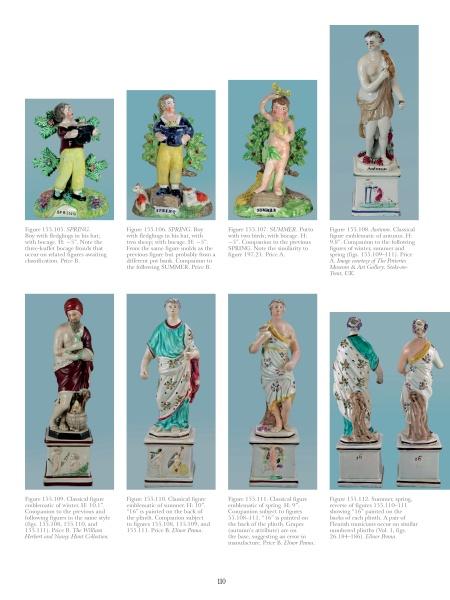 Eight Staffordshire enamel-painted figures, as detailed in "Staffordshire Figures 1780 to 1840, Volume 4" by Schiffer Publishing, Ltd., are set against a blue background: four front-facing on pedestals and four showing side or back views.