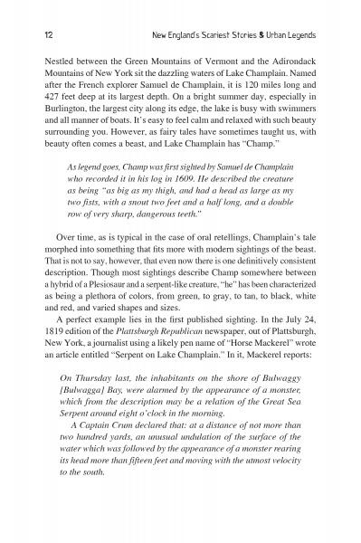 A page from New England's Scariest Stories and Urban Legends (Schiffer Publishing) explores Lake Champlain’s “Champ,” detailing local lore and eyewitness reports about the famous cryptid of New England.