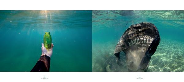 Side-by-side underwater photos from Clarity by Schiffer Publishing, Ltd.: left, a hand holds a green plastic bottle; right, a submerged dark Lake Tahoe sweatshirt—both reveal pollution in the lake's famously clear waters.