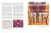 The book "3-D Hand Loom Weaving" by Schiffer Publishing, Ltd. features text on the left page and a loom with pink, gray, and white threads on the right, with close-ups of handweaving techniques and detailed warp thread views.