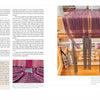 The book "3-D Hand Loom Weaving" by Schiffer Publishing, Ltd. features text on the left page and a loom with pink, gray, and white threads on the right, with close-ups of handweaving techniques and detailed warp thread views.