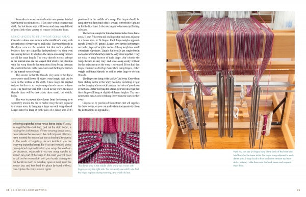 The book "3-D Hand Loom Weaving" by Schiffer Publishing, Ltd. features text on the left page and a loom with pink, gray, and white threads on the right, with close-ups of handweaving techniques and detailed warp thread views.