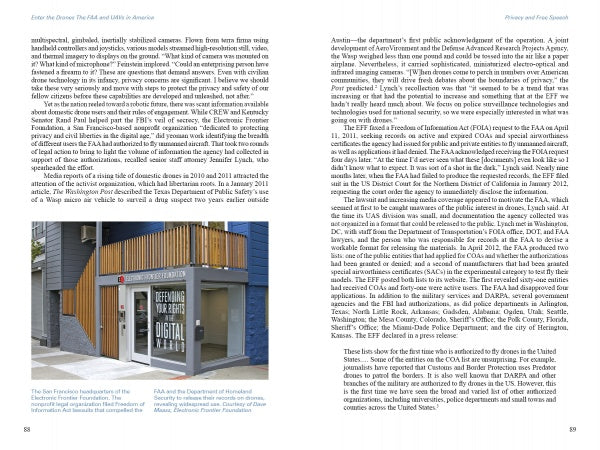 A page from Schiffer Publishing, Ltd.'s "Enter the Drones" shows an image of the San Francisco Independent Journal office and text on privacy, free speech, government surveillance, and drones' role in modern reporting.