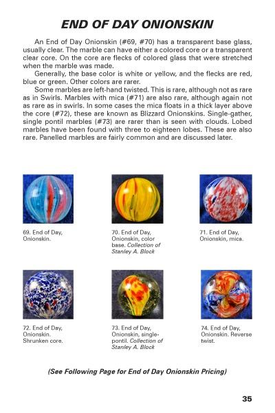 A page from the 'Marbles Identification and Price Guide' book, displaying colorful photographs of various marbles.