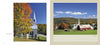 Left: White church with steeple and gravestones among autumn trees. Right: Classic Vermont scenery—red barn, white church, and buildings in a green valley with fall foliage. Product by Schiffer Publishing, Ltd.: "Vermont.