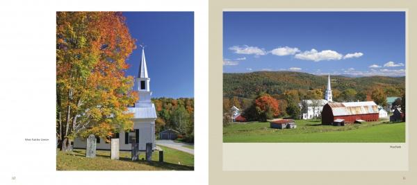Left: White church with steeple and gravestones among autumn trees. Right: Classic Vermont scenery—red barn, white church, and buildings in a green valley with fall foliage. Product by Schiffer Publishing, Ltd.: "Vermont.