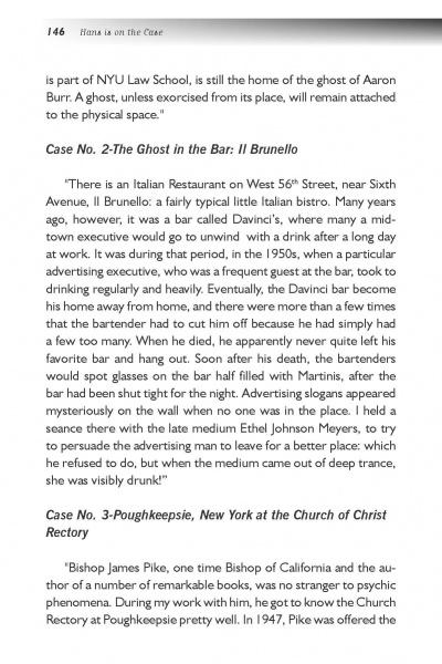 A book page titled “Hans is on the Case!” from Schiffer Publishing’s *Growing Up Haunted* features Hans’s spooky memoirs: “The Ghost in the Bar: Il Brunello” and “Poughkeepsie, NY at the Church of Christ Rectory.”.