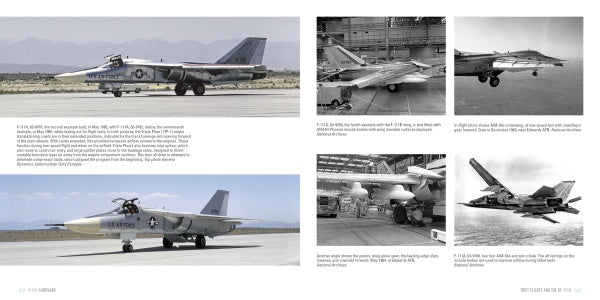 A two-page spread from Schiffer Publishing, Ltd.'s "F-111 Aardvark" shows U.S. military aircraft in color and black-and-white photos on runways, in flight, and inside a hangar, with descriptive captions below each image.