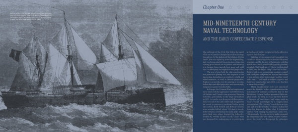 A vintage illustration of a steam-powered naval ship braves rough waters, evoking Civil War steamships, beside a blue panel with the chapter title from The Confederate Steam Navy by Schiffer Publishing, Ltd.