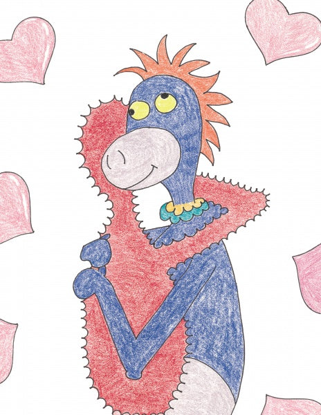 A blue dinosaur with orange spikes hugs a red heart and wears green and yellow beads, surrounded by pink hearts on white. “Don't Be a Schwoe” from Schiffer Publishing, Ltd. celebrates embracing differences—ideal for early readers.