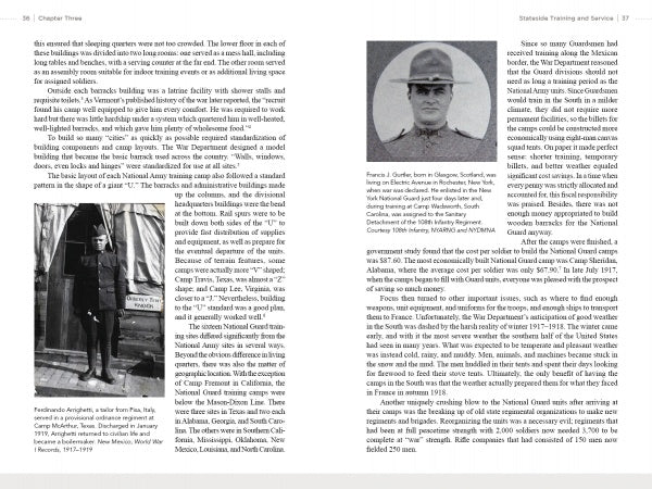 A spread from "Forgotten Soldiers of World War I" (Schiffer Publishing, Ltd.) shows two pages about WWI service, with black-and-white photos: a uniformed man standing indoors (bottom left) and another facing forward (top right).