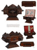 A collage of ornate geometric wooden boxes, crafted in folk art style, some open to reveal lined interiors. Featured in "A Legacy in Tramp Art" by Schiffer Publishing, Ltd., two lids are labeled CARRIE and MAMA.