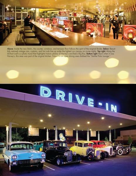 Featured in the book "Southern California Eats 2" by Schiffer Publishing, Ltd., this scene captures a retro diner with red booths and classic counter, vintage cars outside, and a neon DRIVE-IN sign—an iconic Los Angeles landmark.