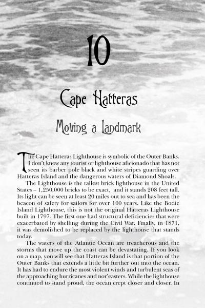 A grayscale page titled “Ghosts of the Outer Banks” by Schiffer Publishing, Ltd. discusses the haunted history, height, and Atlantic setting of Cape Hatteras Lighthouse, along with tales of ghosts linked to this iconic Outer Banks beacon.