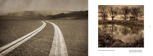 Eastern Oregon by Schiffer Publishing, Ltd.: Tire tracks curve across a barren landscape under cloudy skies, while bare trees and a farmhouse reflect in a pond amid dry grass in this calm, sepia-toned scene.