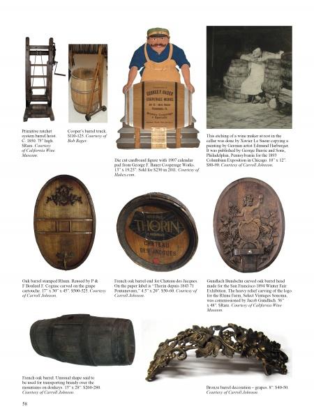 Discover "Wine Antiques and Collectibles" by Schiffer Publishing, Ltd., featuring a collage of coopering tools, barrels, engraved barrel heads, carved items, and vintage photos from the Carrol Archives.