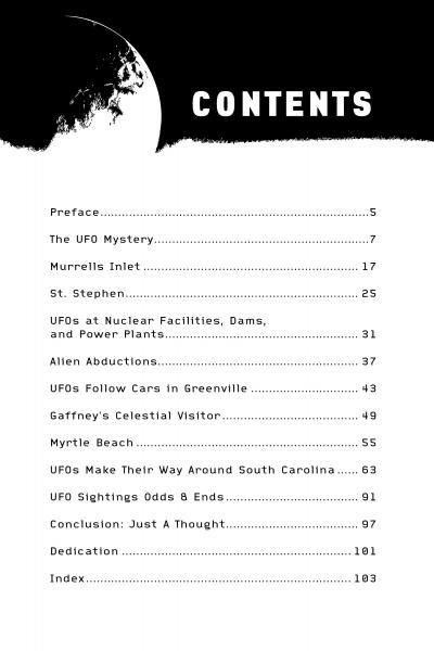 The table of contents for "UFOs Over South Carolina" by Schiffer Publishing, Ltd. features a black-and-white design with a partial moon, listing Sherman Carmichale’s UFO stories, mysterious sightings, and South Carolina UFO locations with page numbers.
