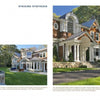 Two photos showcase a large, elegant home featured in "Contemporary Boston Architects" by Schiffer Publishing, Ltd. The design includes arched windows, brown shingles, white trim, stone foundation, and a manicured lawn surrounded by trees.