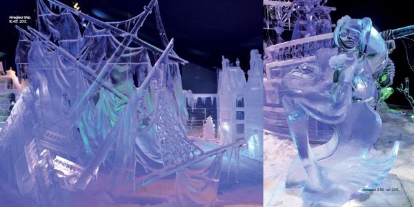 At the ice festival, blue and purple lights highlight Schiffer Publishing, Ltd.'s "Contemporary Ice Sculpture": a shipwreck with sails and rigging on the left, and a woman with flowing hair on part of a ship on the right.