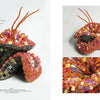 Sculptural Secrets for Mosaics by Schiffer Publishing, Ltd. features a fantasy flower mosaic in rich red, orange, pink, and gold tiles and beads, crafted with 3-D techniques and shown on a white background with a right-side close-up.