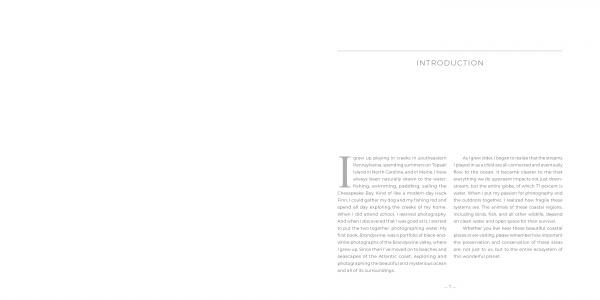 A book spread with ample white space shows the heading INTRODUCTION on the right page, alongside a small block of faint text—a minimal design reflecting Schiffer Publishing, Ltd.’s *East Coast Atlantic Beaches* black-and-white seascape photos.