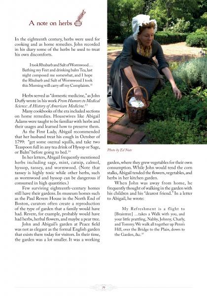 A woman in historical attire gathers herbs in a colonial garden. “The Culinary Lives of John & Abigail Adams” by Schiffer Publishing, Ltd. explores 18th-century herb uses and New England recipes from the Adams’ historic cookbook.