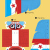 The Super Robot cut-out templates by Schiffer Publishing, Ltd. feature brightly colored parts labeled “Wing-left leg,” “Head,” and “Wing-right leg” in red, blue, and white with stars and owl-like eyes to boost hand-eye coordination.