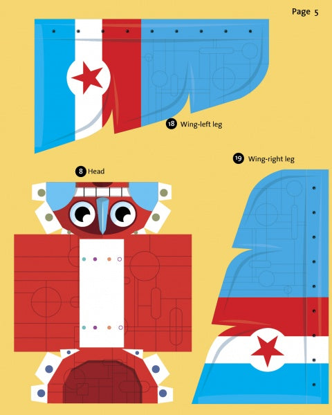 The Super Robot cut-out templates by Schiffer Publishing, Ltd. feature brightly colored parts labeled “Wing-left leg,” “Head,” and “Wing-right leg” in red, blue, and white with stars and owl-like eyes to boost hand-eye coordination.