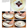 A star-shaped brownie with white icing sits on a floral plate. Below, four panels from Food Presentation by Schiffer Publishing, Ltd. show hands using stencils and cocoa powder to create an S for perfect dessert styling.