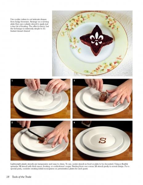 A star-shaped brownie with white icing sits on a floral plate. Below, four panels from Food Presentation by Schiffer Publishing, Ltd. show hands using stencils and cocoa powder to create an S for perfect dessert styling.