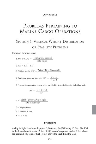 A page from Marine Cargo Operations by Schiffer Publishing, Ltd. provides formulas for vertical weight distribution and stability, plus an example about cargo stowage and a ship’s cargo and weight distribution.