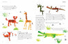 Print It! by Schiffer Publishing, Ltd. features illustrated step-by-step guides for making animal figures—a tiger, giraffe, and crocodile—using veggies like carrots and beans, with easy instructions and sketches on a white background.