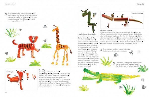 Print It! by Schiffer Publishing, Ltd. features illustrated step-by-step guides for making animal figures—a tiger, giraffe, and crocodile—using veggies like carrots and beans, with easy instructions and sketches on a white background.