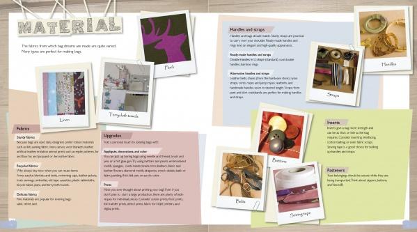 A magazine spread showcases crafting essentials—fabric, linen, handles, straps, trims, buttons, and fasteners—each with tips. Ideal for fans of Bags for Fashionistas by Schiffer Publishing, Ltd., or anyone seeking new handbag DIY ideas.